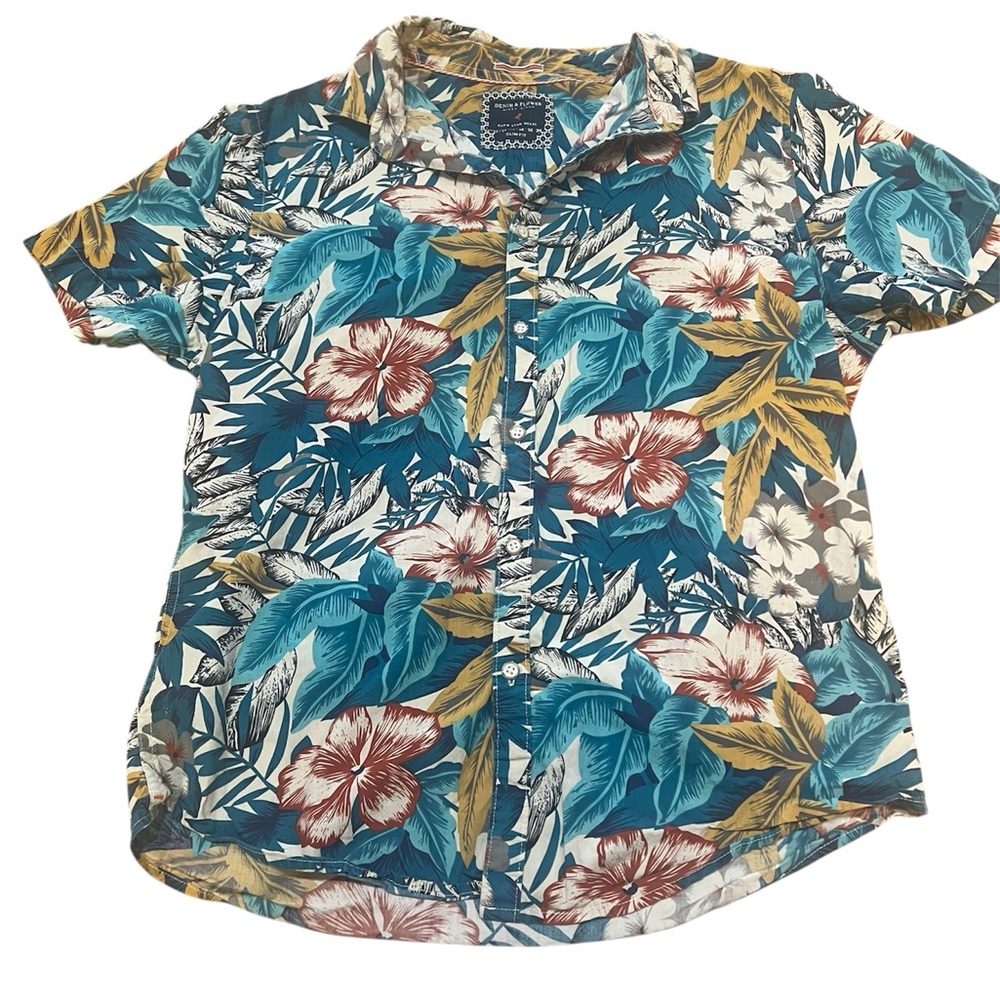Denim & Flower Men's Floral Button Down Shirt - Blue, Red, Yellow